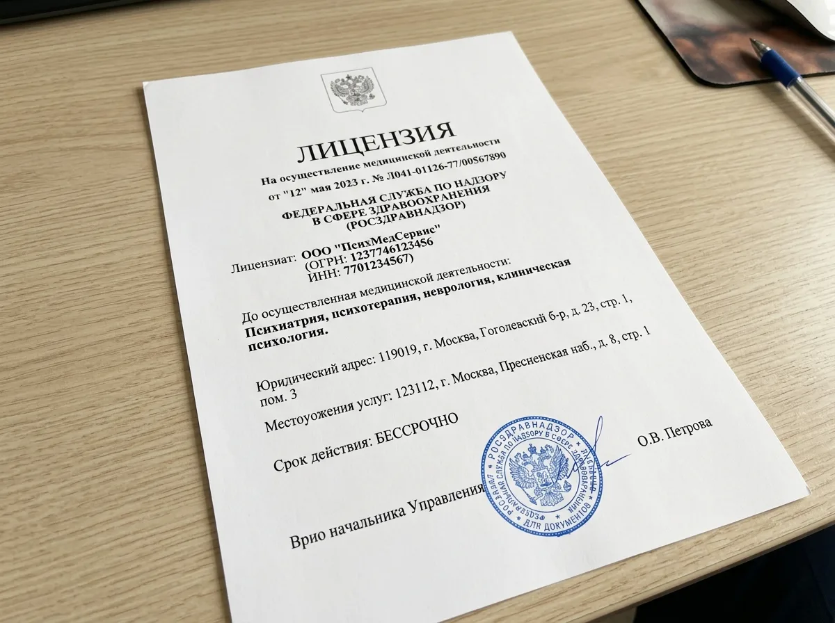 Медицинская лицензия ООО ПсихМедСервис, выданная Росздравнадзором, документ на белом фоне с синей печатью