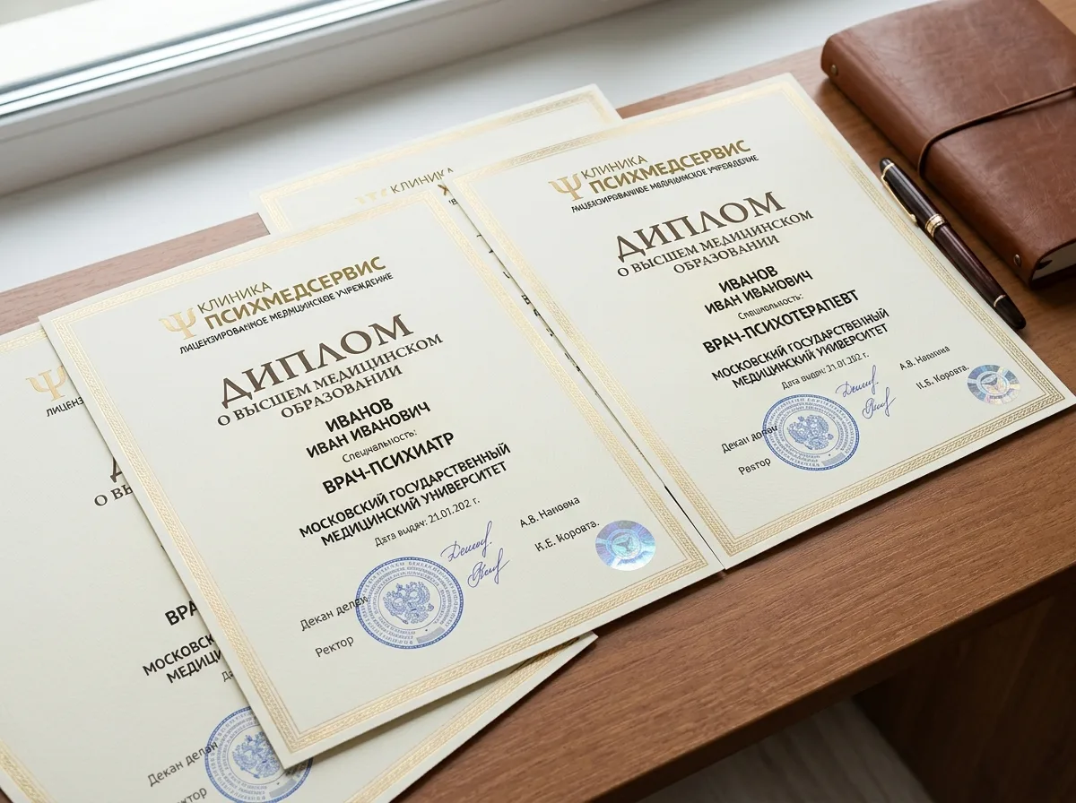 Дипломы о высшем медицинском образовании врачей клиники ПсихМедСервис, документы на официальных бланках